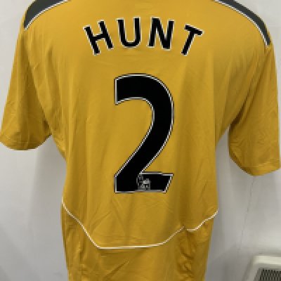 Bolton Wanderers 2008 - 2009 Match Worn Football Shirt: Mustard short sleeve  shirt. Number 2 Hunt. Premier League badging. 