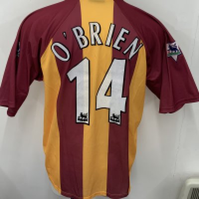Bradford City 1999 - 2000 Match Worn Football Shirt: Claret and amber short sleeve shirt. Number 14 OBrien. Premier League badging. 