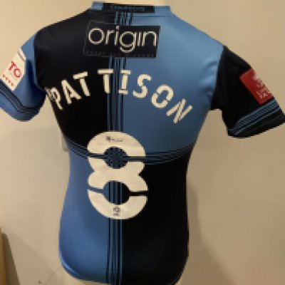 Wycombe Wanderers 2020 - 2021 Match Issued Football Shirt: Light and dark blue short sleeve shirt with FA Cup badging to sleeve. Pattison 8 to rear. Issued v Tottenham on 25 January 2021. Player was unused substitute. Front of shirt printed with match details.