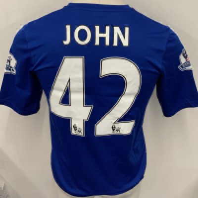 Cardiff 2013 - 2014 Match Worn Football Shirt: Blue away short sleeve shirt. Number 42 John. Premier League badging. 