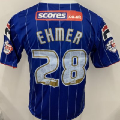 Carlisle United 2013 - 2014 Match Worn Football Shirt: Blue short sleeve shirt. Number 28 Ehmer. Sky Bet League badging. 