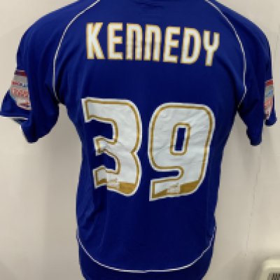 Ipswich Town 2010 - 2011 Match Worn Football Shirt: Blue short sleeve shirt. Number 39 Kennedy. Premier League badging. 