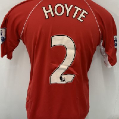 Middlesbrough 2008 - 2009 Match Worn Football Shirt: Red short sleeve shirt. Number 2 Hoyte. Premier League badging. 