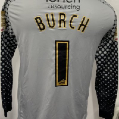 Notts County Match Worn Football Shirt: Grey long sleeve goalkeeper shirt. Number 1 Burch with Football League Two Champions badging. 