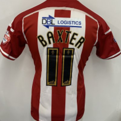 Sheffield United 2014 - 2015 Match Worn Football Shirt: Red and white short sleeve shirt. Number 11 Baxter. Sky Bet badging. Worn v West Ham on 26 August 2014 in the League Cup. Sheffield got to the semi final that season. 