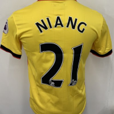 Watford 2016 - 2017 Match Worn Football Shirt: Yellow short sleeve shirt. Number 21 Niang to rear. Premier League badging. Worn v Tottenham on 8 April 2017.