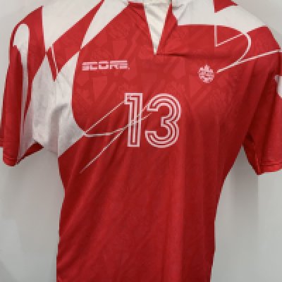 Canada 1995 Match Worn Football Shirt: Red short sleeve shirt. Number 13. Worn in the Sky Dome tournament v Portugal on 26 January 1995.
