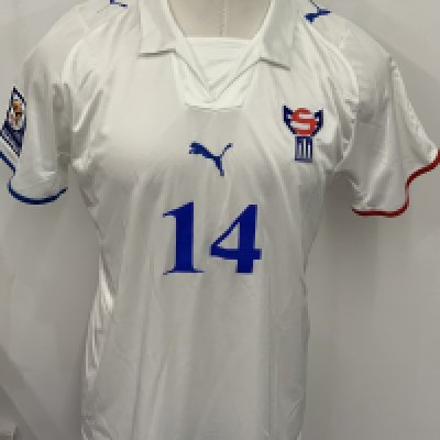 Faroe Islands 2009 Match Worn Football Shirt: White short sleeve shirt. Number 14 Worn during World Cup Qualifiers. 2010 World Cup badge to sleeve. 