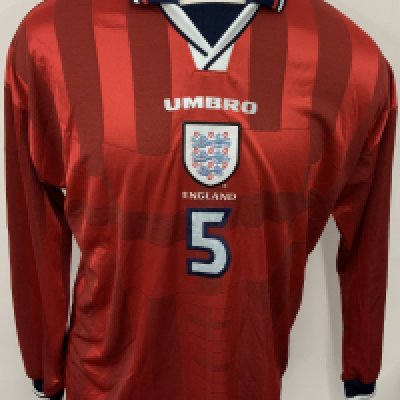 England 1998 Match Issued Football Shirt: Red long sleeve shirt with number 5 to rear. Match Issued to Tony Adams 