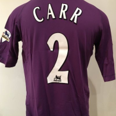 Tottenham 2003 - 2004 Match Worn Football Shirt: Purple third short sleeve shirt with Premier League badging to sleeves and number 2 Carr to rear. Worn v Coventry in the League Cup on 24 September 2003. Carr was booked in the match. 