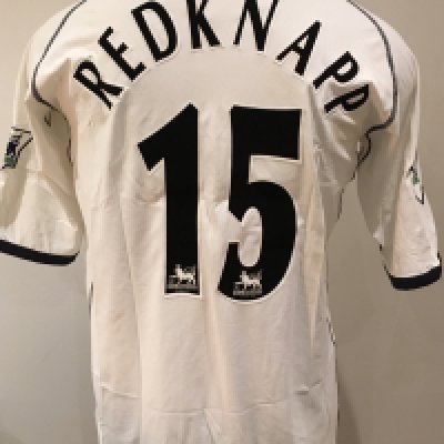 Tottenham 2002 - 2003 Match Worn Football Shirt: White short sleeve shirt with Premier League badging to sleeves Redknapp 15 to rear. Shirt is signed to front by the player. 