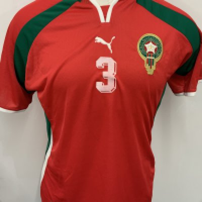 Morocco 2000 Match Worn Football Shirt: Red short sleeve shirt. Number 3. 