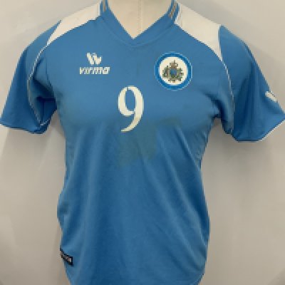 San Marino 2005 Match Worn Football Shirt: Blue short sleeve shirt. Number 9. Worn during World Cup Qualifier v Bosnia on 4 June 2005. Shirt is unwashed. 