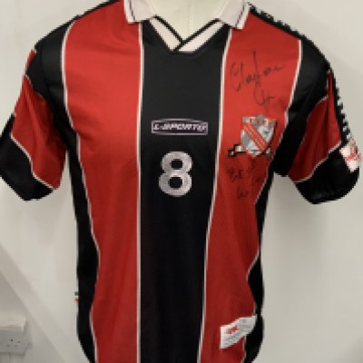 Trinidad and Tobago 2002 Match Worn Football Shirt: Red and black striped short sleeve shirt. Number 8. Signed to front by Clayton Ince and with other signatures to rear.