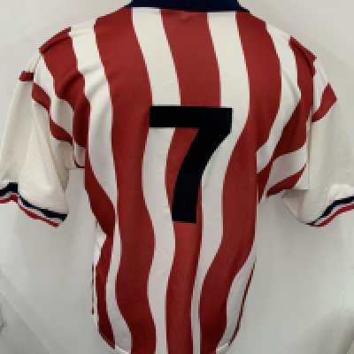 USA 1994 Match Worn Football Shirt: Red & white striped short sleeve shirt. Number 7. 