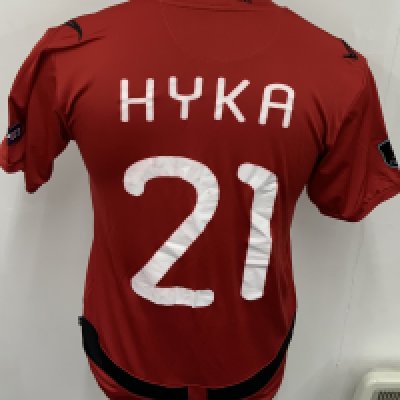 Albania 2011 Match Worn Football Shirt: Red short sleeve shirt. Number 21 Hyka. Worn v Romania in Euros Qualifier on 11 October 2011. Euros badging to sleeves. 