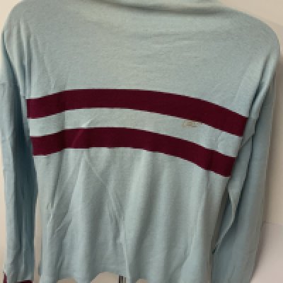 West Ham Original 1960s Football Shirt: Light blue with claret hoops. Tear near neck and marks near the shoulder. Original gold Bukta label washed out and small mark to rear. Genuine replica shirt nearly 60s years old. 