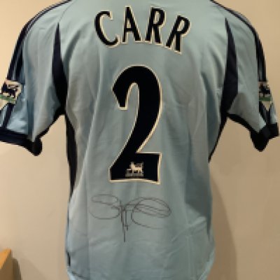 Tottenham 2001 - 2002 Match Worn Football Shirt: Blue away short sleeve shirt with Premier League badging to sleeves Number 2 Carr to rear. Shirt is signed to rear by the player. 
