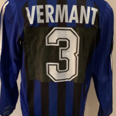 Club Bruges 2006 - 2007 Match Worn Football Shirt: Blue and black long sleeve shirt with Europa badge to sleeve. Vermant 3 to rear. Worn  v Tottenham in the Europa League on 2 November 2006. 