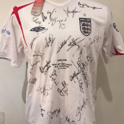 England v Rest Of The World Fully Signed Soccer Aid Football Shirts: Incredibly rare match prepared shirts for both teams in the first ever Soccer Aid in 2006.
Unused with labels attached sent back to Umbro as a thank you for supplying both kits for free. 
Shirts never available for sale so no price label on tags.
26 genuine autographs on England shirt with 23 on Rest Of The World shirt. 
Autographs include Robbie Williams Angus Deayton Ben Shepherd David Seaman Terry Venebles Gazza Les Ferdinand and Gordon Ramsey.