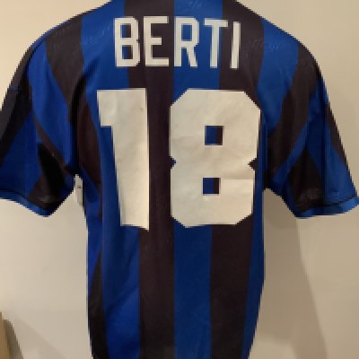 WITHDRAWN - Inter Milan 1995 - 1996 Match Worn Football Shirt: Blue and black short sleeve shirt with Berti 18 to rear. Worn v Arsenal in the friendly on 10 August 1995. Berti captained Milan in the game which also featured Denis Bergkamp debut for Arsenal. The match finished 0-0.