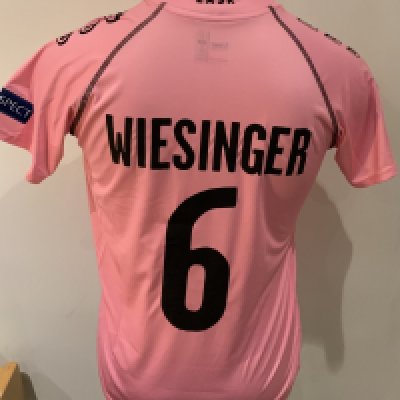 Grasshopper Zurich 2020 - 2021 Match Worn Football Shirt: Pink short sleeve shirt with Europa badging to sleeves. Weisinger 6 to rear. Worn v Tottenham on 3 December 2020 in the 3-3 draw.