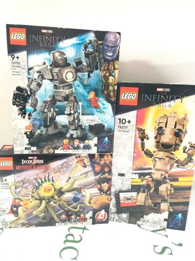 3 Boxed And Sealed Avengers Lego Sets. Iron Man Monger Mayhem #76190, Groot #76217 And Gargantos Showdown. No Reserve.