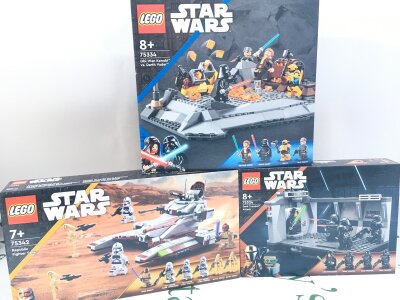 3 Boxed And Sealed Lego Star Wars Sets. A Obi-WN Vs Darth Vader #75334, A Republic Fighter Tank #75242 And A Dark Trooper Attack Set #75324.