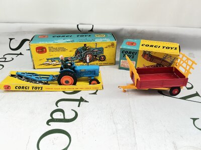 a Boxed Corgi Gift Set 3 Fordson Power Major Tractor And Four Furrow Plough, And A Farm Tipper 62, Box Is Worn.