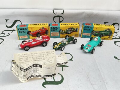 3 X Boxed Corgi Racing Cars. A Vanwall F1 Grand Prix 1505, A lotus Climax 155 And A B.R.M F1 Grand Prix 1525. No Reserve.