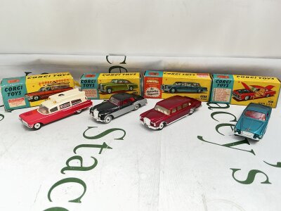 4 Boxed Corgi Diecast Cars, A Superior Ambulance 437,  A Bentley Continental 224, A Mercedes Benz 600 Pullman 247 And A Ghia L.6.4 241 No Reserve.