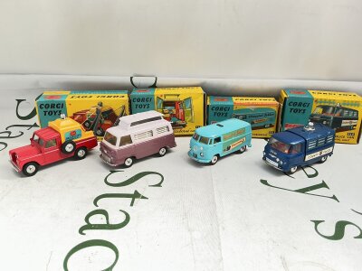 4 Boxed Corgi Diecast Vehicles, A Land Rover Break Down Truck 477, A Ford Thames Airborne Caravan 420, a Volkswagen Toblerone Van  441 And A Commercial Police Van 464. No Reserve.