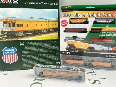 a Collection Of Boxed Kato N Gauge Loco, Coaches And Wagons including A UP Excursion Train 7 Car Set.