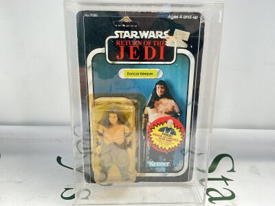 a Vintage Star Wars Kenner The Return Of The Jedi Rancor Keeper, damage To Blister and Back Of Card, In Perspex Case.