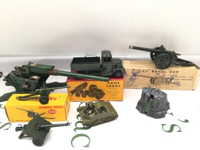 A Collection Of Birtains, Dinky Military Guns And Vehicles. Some Boxed.