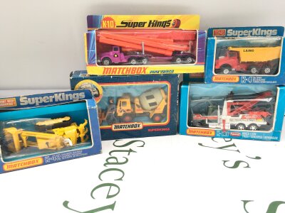 4 X Boxed Matchbox Superkings Diecast. Including Pipe Truck, Big Tipper, Traxcavator, Wreck Truck And cement Mixer. Boxes In Various States.