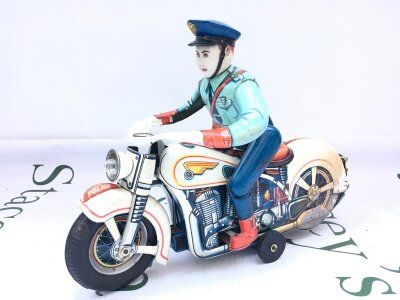 A Vintage Tinplate Highway Patrol Police Motorcycle By Modern Toys, Battery Operated. No Reserve. From A Lifetime Private Collection To Be Sold.