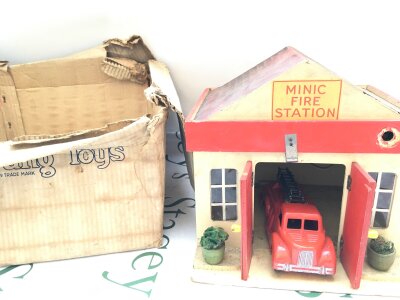 A Boxed Minic/Tri-Ang Wooden Fire station, Box Is Worn, Station Need Some Tlc.,  No Reserve,  From A Lifetime Private Collection To Be Sold.