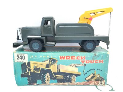 A Boxed Vintage Japanese Tinplate Friction Powered U.S. Army Wreck Truck. No Reserve, From A Lifetime Private Collection To Be Sold.