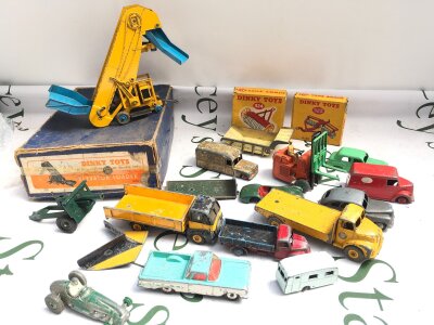 A Collection Of Playworn Dinky Diecast, Including A Boxed Elevator, A Cole’s Mobile Crane And 2 Empty Boxes. No Reserve. Part Of A Lifetime Collection To Be Sold.