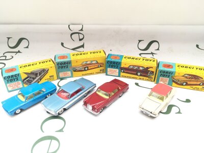 4 X Boxed Corgi Diecast Vehicles. A Chevrolet Corvair #229, A Oldsmobile Super 88 #235, A Mercedes-Benz 22 SE And A Ford Consul Classic #234.