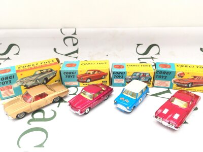 4 Boxed Corgi Diecast Vehicles, A Buick Riviera #245, A NSU Sport Prince #316, A Morris Mini Cooper Comp Model #227 And A Chevrolet Corvette Sting Ray #310.