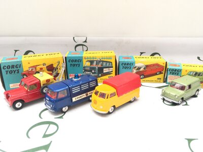4 Boxed Corgi Diecast Vehicles, A Land-Rover Breakdown Truck #4175, A Commer Police Van #464, A Volkswagen Pick-Up Truck #431  And A Austin Mini Van #450.
