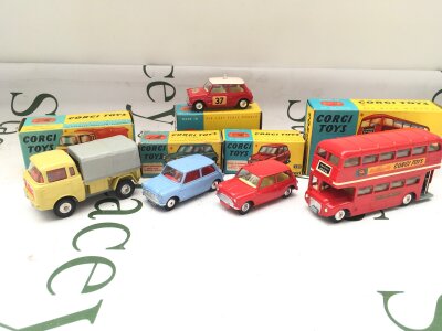 5 Boxed Corgi Diecast Vehicles, A Foreard Control Jeep FC-150 #470, A Morris Mini-Minoe #226, A Austin Seven #225, A London Transport Routemaster Bus #468 And A Monte-Carlo B.M.C. Mini-Cooper S #327.