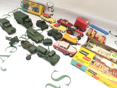A Collection Of Playworn Diecast, including Corgi And Dinky, A Boxed Corgi Figure Set And A Built She’ll Filling Station Accessories.