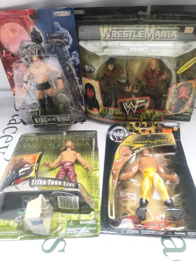 4 Boxed WWE Figures, Brock Lesnar, Edge, Chris Benoit And Matt And Jeff Hardy Double Pack.  3 Have Been Opened. No Reserve.