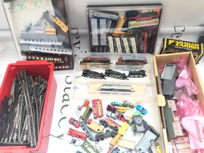 A Collection Of N Gauge Locomotives, Coaches, Track, Accessories And Playworn Matchbox.