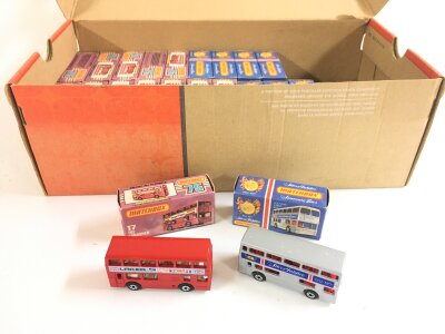 A Box Containing Boxed Matchbox Buses, The 1977 Silver Jubilee Bus And The Londoner #17. Approximately 50.