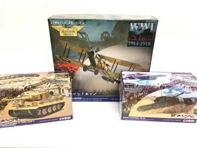 A Boxed Corgi Aviation Archive Britol F2B Fighter 1/48 Scale #AA28801. A Military Legends Panzerkampfwagen VI Tiger Ausf E Tank #CC60516 And A British Churchill MK.IV Tank Both 1/50 Scale (3).
