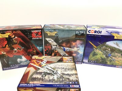 4 X Boxed Corgi Aviation Archive Models All 1/72 Scale, Fokker DR.I Dreidecker #AA38308, A Fokker E.III Eindecker #AA28703, A Hawker Typhoon #AA36513 And A Junkers JU-87B-2 Stuka #AA32519.(4).